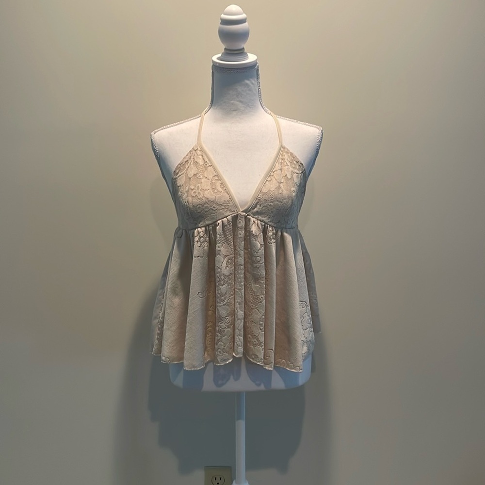 Love Culture Beige Babydoll Lace Detailed Halter Top
